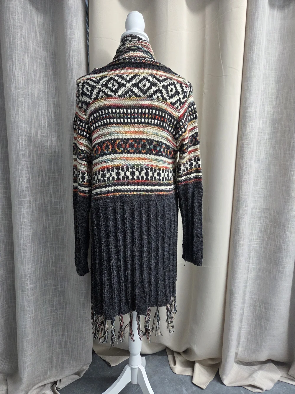 Adora Charcoal Multi Open-Front Fringe Cardigan Boho Size S/M
